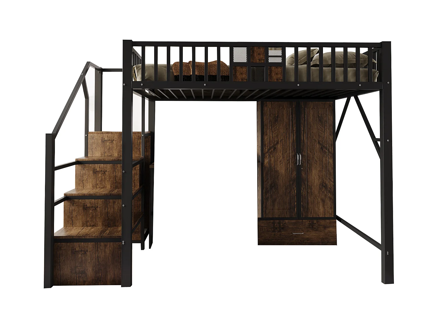 Metall-Hochbett - 140 x 200 cm - mit Kleiderschrank + Schublade + Stauraumleiter - Metall + Holz - schwarz