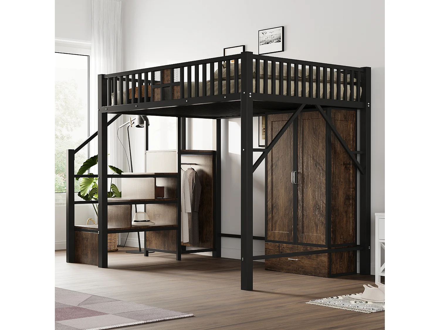 Lit mezzanine en métal - 140 x 200 cm - avec armoire + tiroir + échelle de rangement - métal + bois - noir