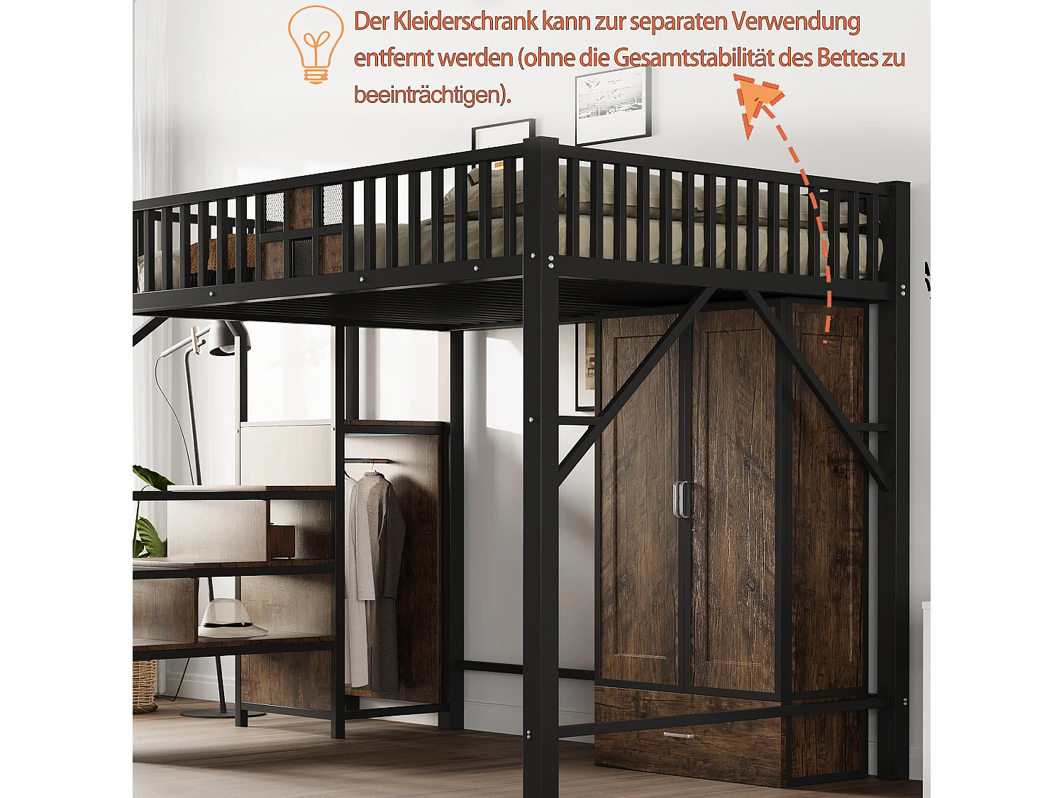 Lit mezzanine en métal - 140 x 200 cm - avec armoire + tiroir + échelle de rangement - métal + bois - noir