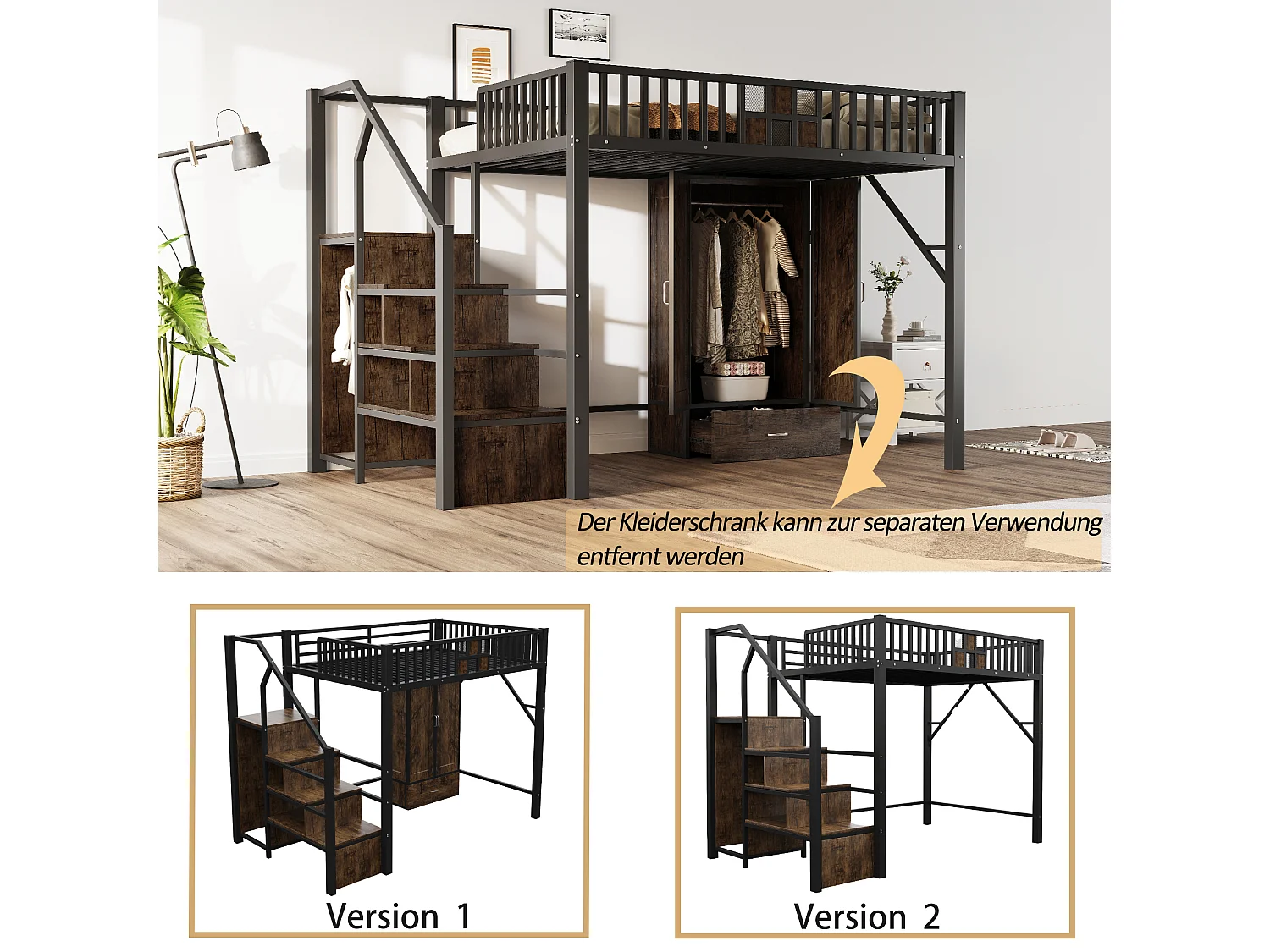 Lit mezzanine en métal - 140 x 200 cm - avec armoire + tiroir + échelle de rangement - métal + bois - noir