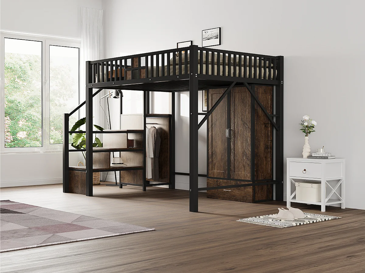 Lit mezzanine en métal - 140 x 200 cm - avec armoire + tiroir + échelle de rangement - métal + bois - noir