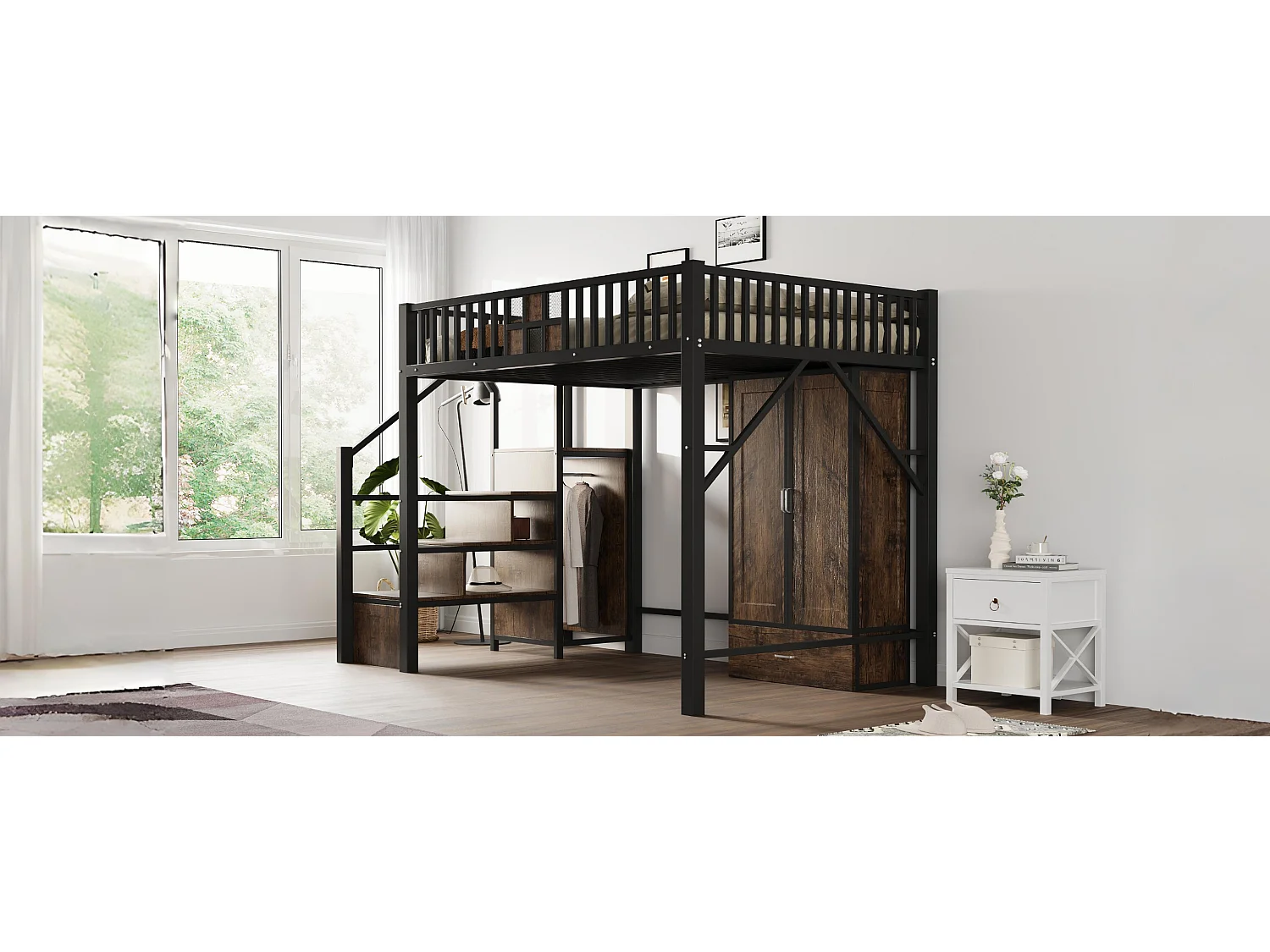 Lit mezzanine en métal - 140 x 200 cm - avec armoire + tiroir + échelle de rangement - métal + bois - noir