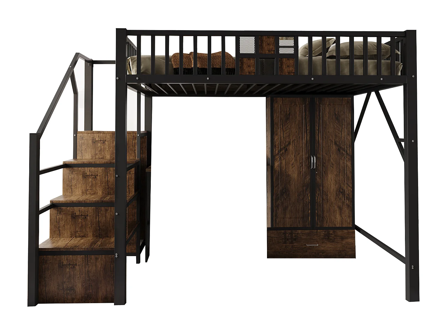 Lit mezzanine en métal - 140 x 200 cm - avec armoire + tiroir + échelle de rangement - métal + bois - noir