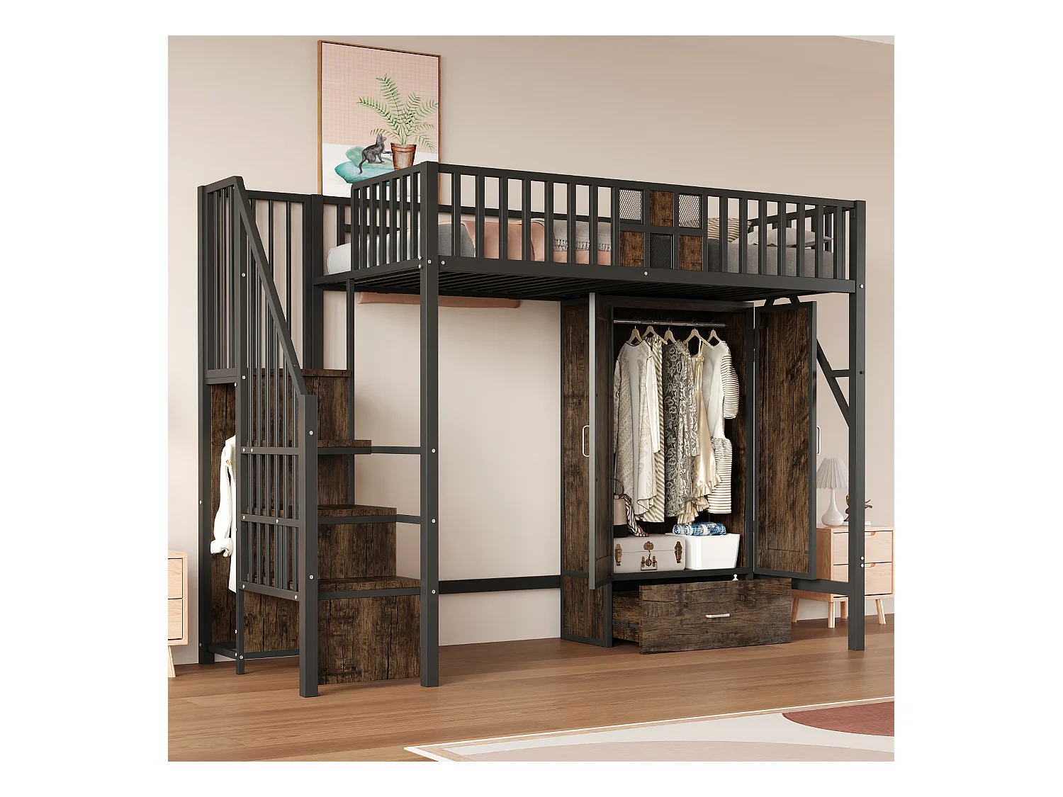 Lit mezzanine en métal - 90 x 200 cm - avec armoire + tiroir + échelle de rangement - métal + bois - noir