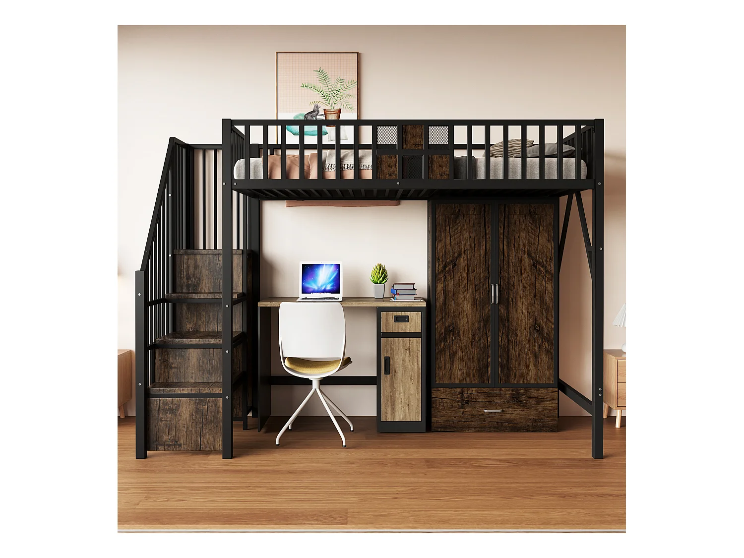 Metall-Hochbett - 90 x 200 cm - mit Kleiderschrank + Schublade + Stauraumleiter - Metall + Holz - schwarz