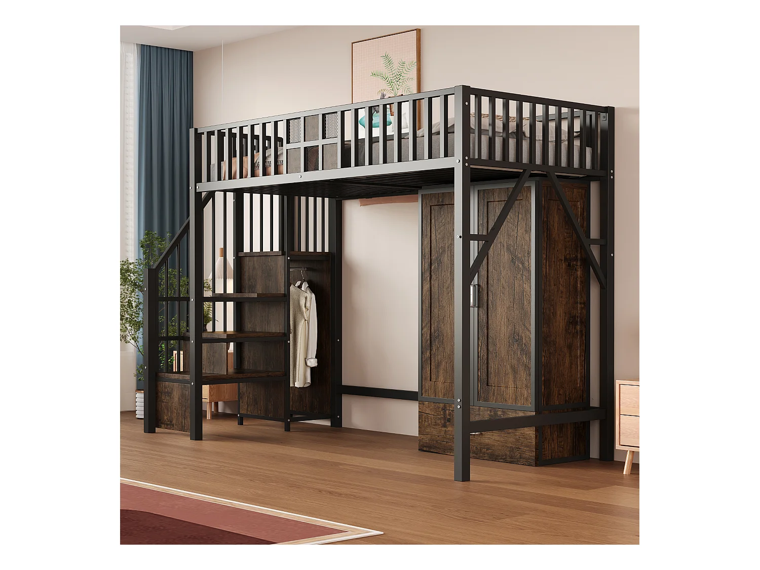 Metall-Hochbett - 90 x 200 cm - mit Kleiderschrank + Schublade + Stauraumleiter - Metall + Holz - schwarz