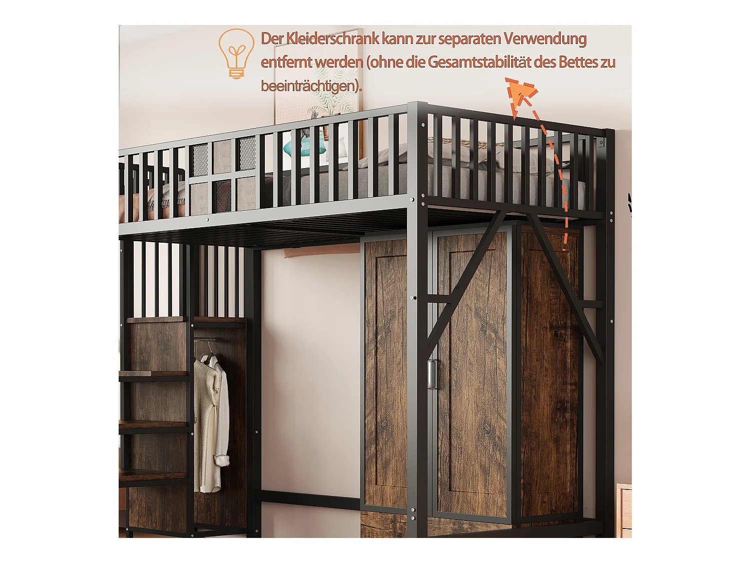 Metall-Hochbett - 90 x 200 cm - mit Kleiderschrank + Schublade + Stauraumleiter - Metall + Holz - schwarz
