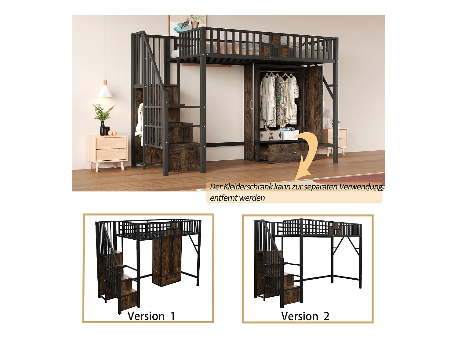 Metall-Hochbett - 90 x 200 cm - mit Kleiderschrank + Schublade + Stauraumleiter - Metall + Holz - schwarz
