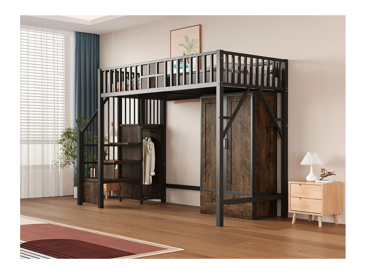 Metall-Hochbett - 90 x 200 cm - mit Kleiderschrank + Schublade + Stauraumleiter - Metall + Holz - schwarz