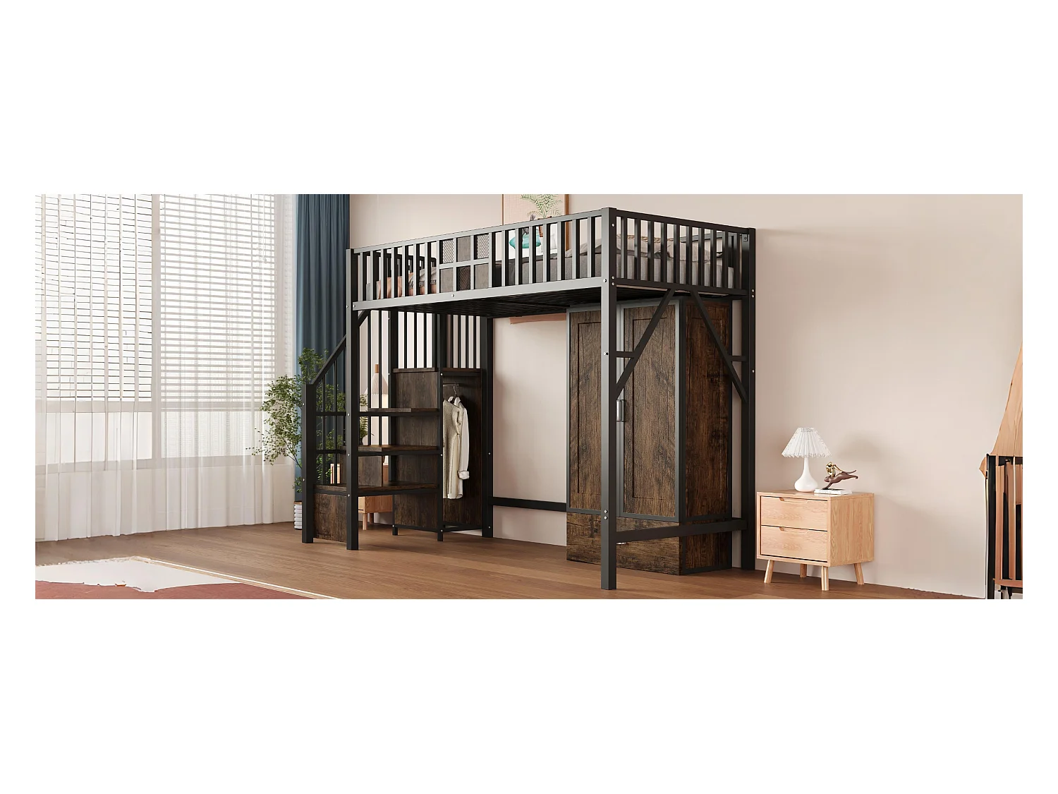 Metall-Hochbett - 90 x 200 cm - mit Kleiderschrank + Schublade + Stauraumleiter - Metall + Holz - schwarz