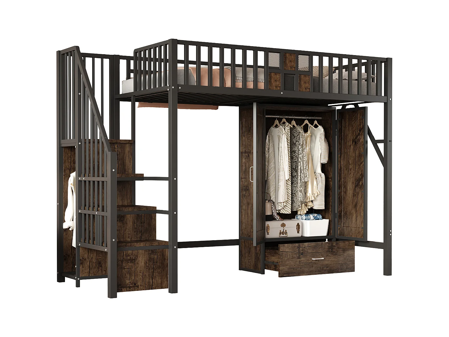 Metall-Hochbett - 90 x 200 cm - mit Kleiderschrank + Schublade + Stauraumleiter - Metall + Holz - schwarz