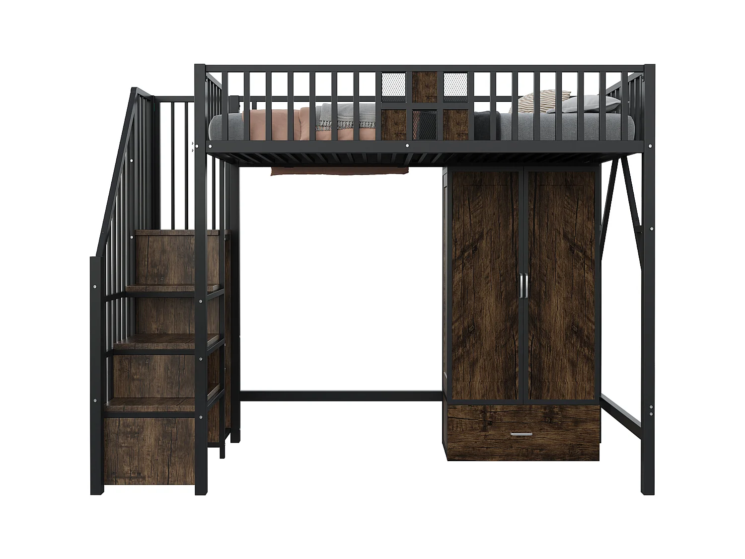 Metall-Hochbett - 90 x 200 cm - mit Kleiderschrank + Schublade + Stauraumleiter - Metall + Holz - schwarz