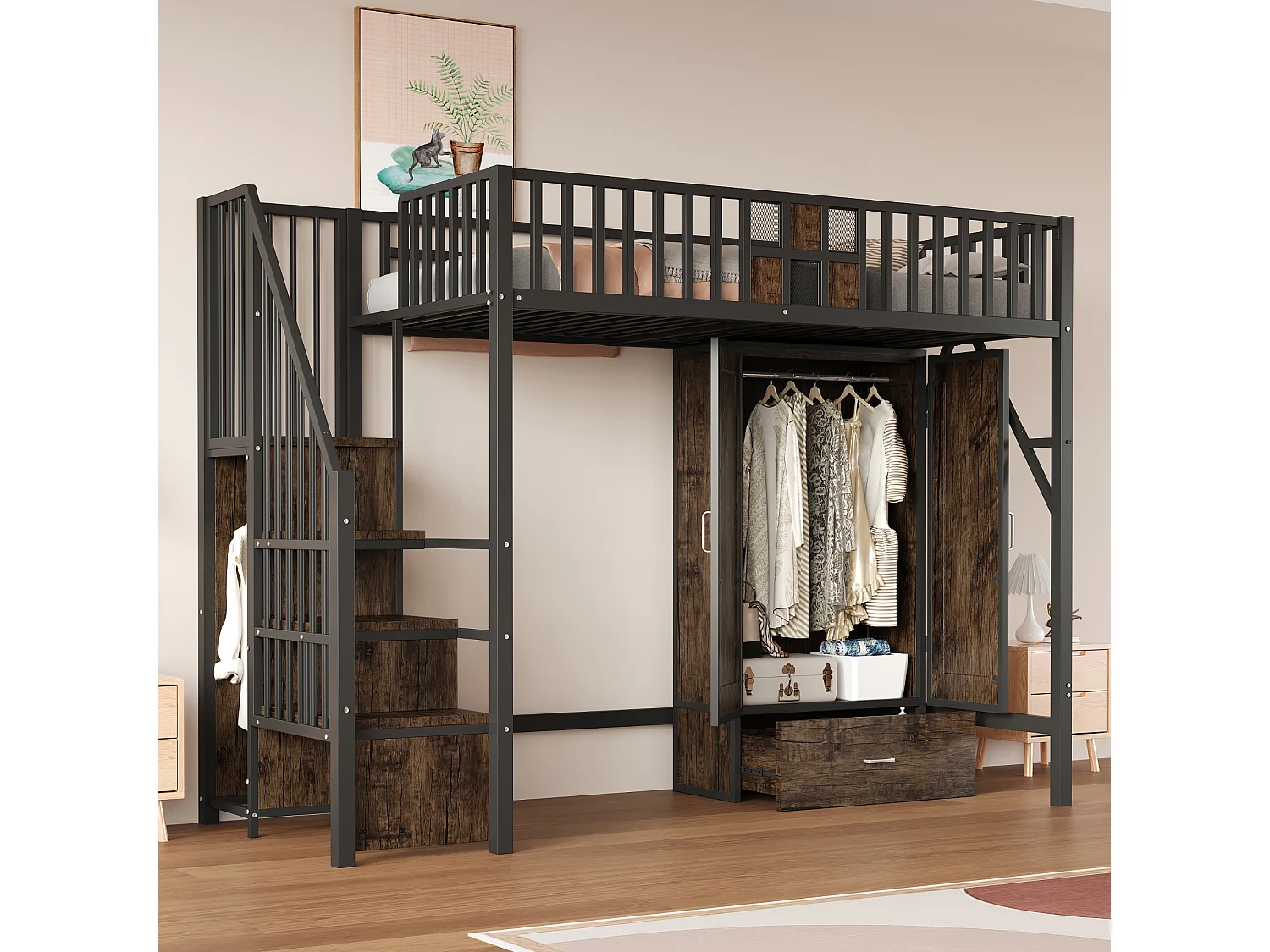 Lit mezzanine en métal - 90 x 200 cm - avec armoire + tiroir + échelle de rangement - métal + bois - noir