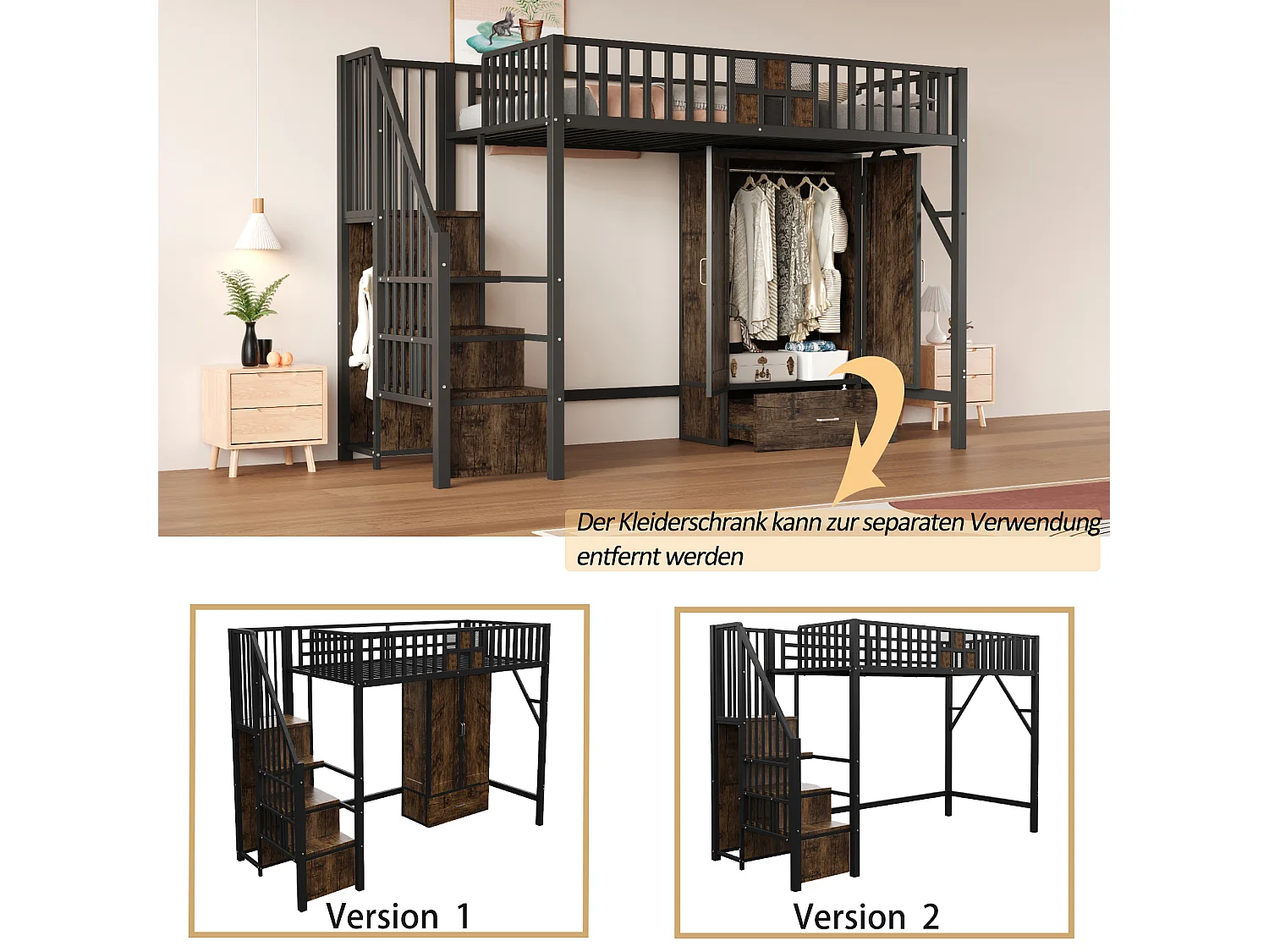 Lit mezzanine en métal - 90 x 200 cm - avec armoire + tiroir + échelle de rangement - métal + bois - noir