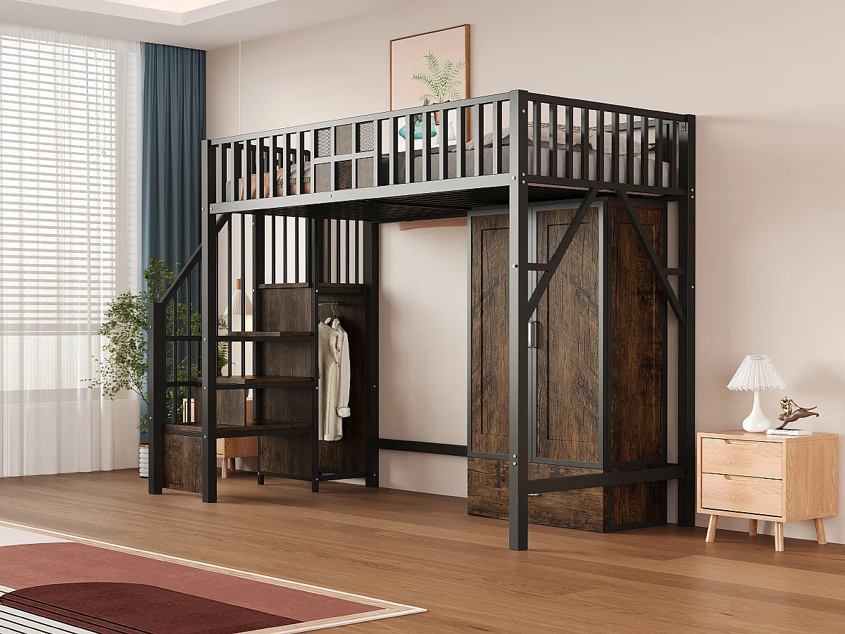 Lit mezzanine en métal - 90 x 200 cm - avec armoire + tiroir + échelle de rangement - métal + bois - noir