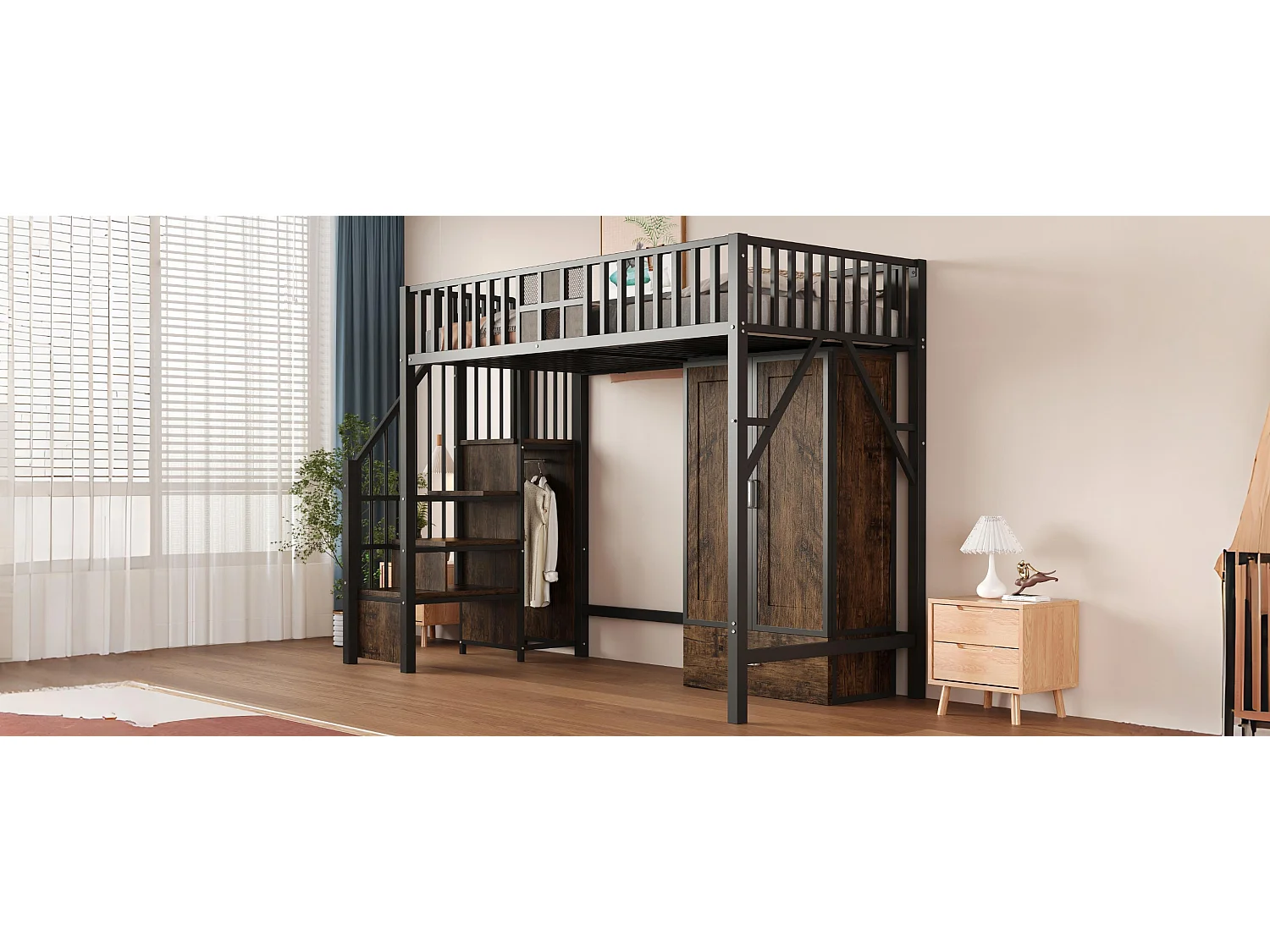 Lit mezzanine en métal - 90 x 200 cm - avec armoire + tiroir + échelle de rangement - métal + bois - noir