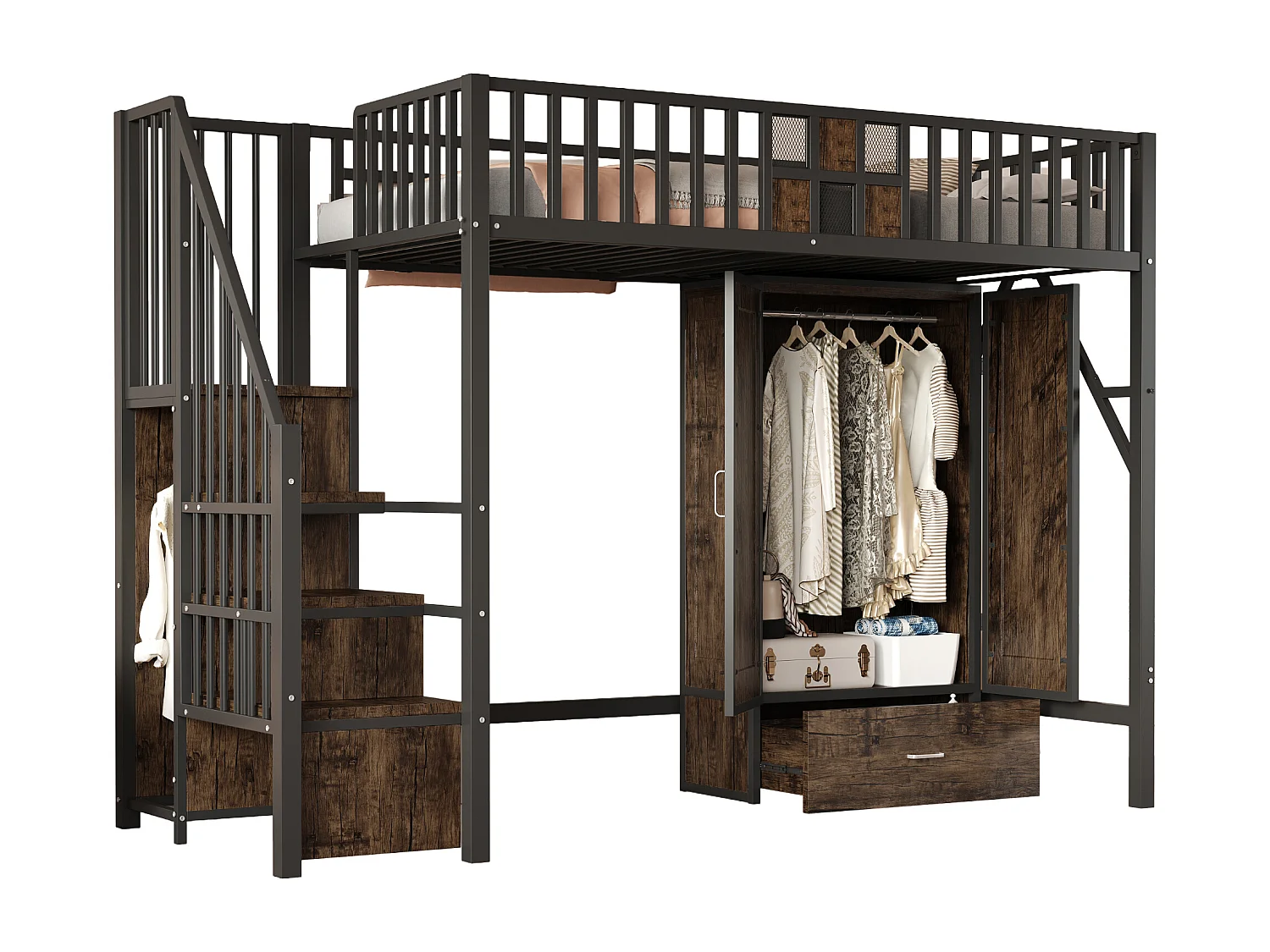 Lit mezzanine en métal - 90 x 200 cm - avec armoire + tiroir + échelle de rangement - métal + bois - noir