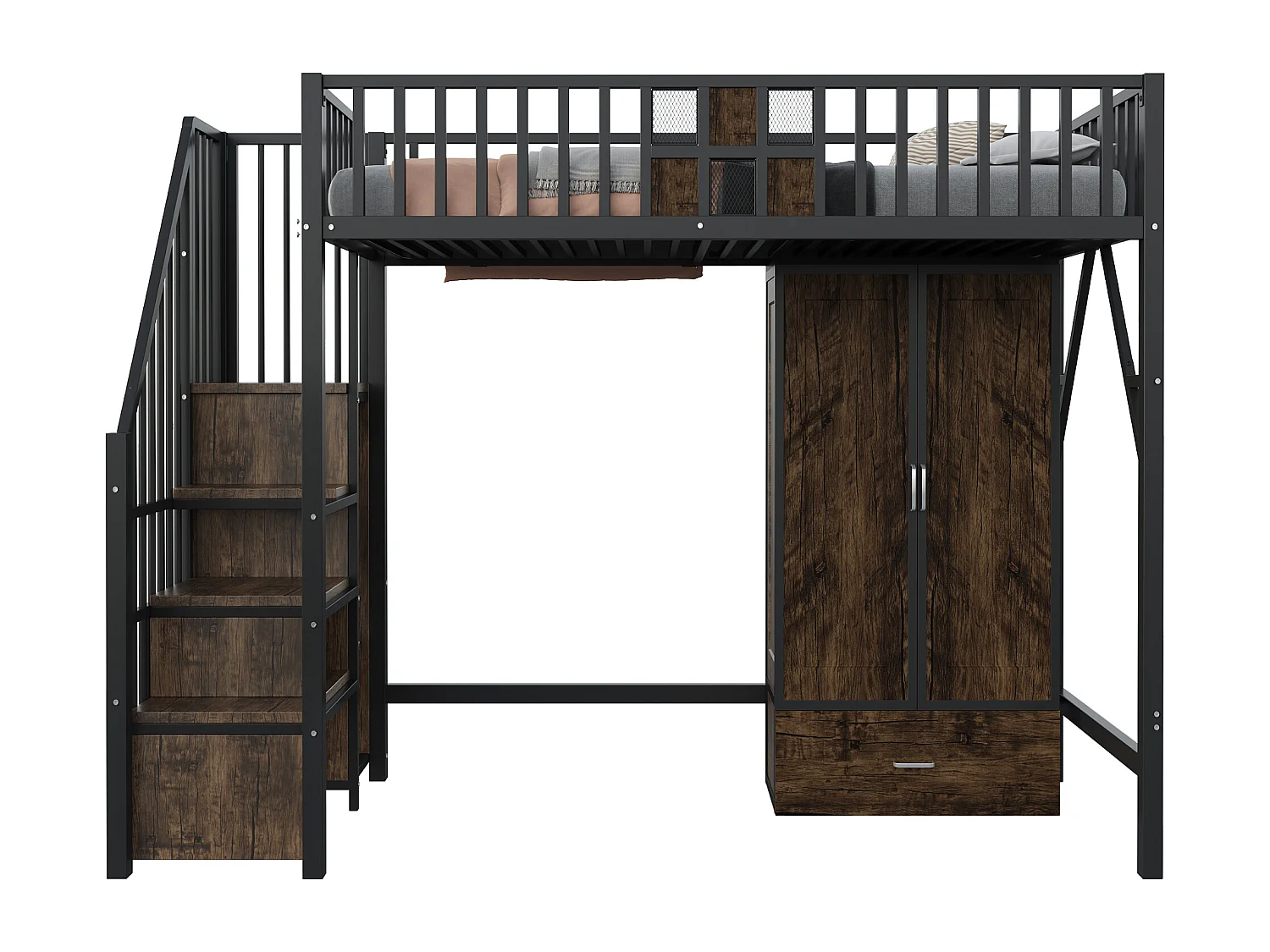 Lit mezzanine en métal - 90 x 200 cm - avec armoire + tiroir + échelle de rangement - métal + bois - noir