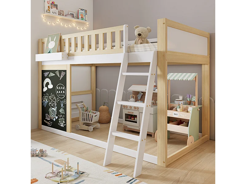 Kinderhochbett - 90 x 200 cm - mit Maltafel + Rausfallschutz - Kiefer + MDF - weiß + natur