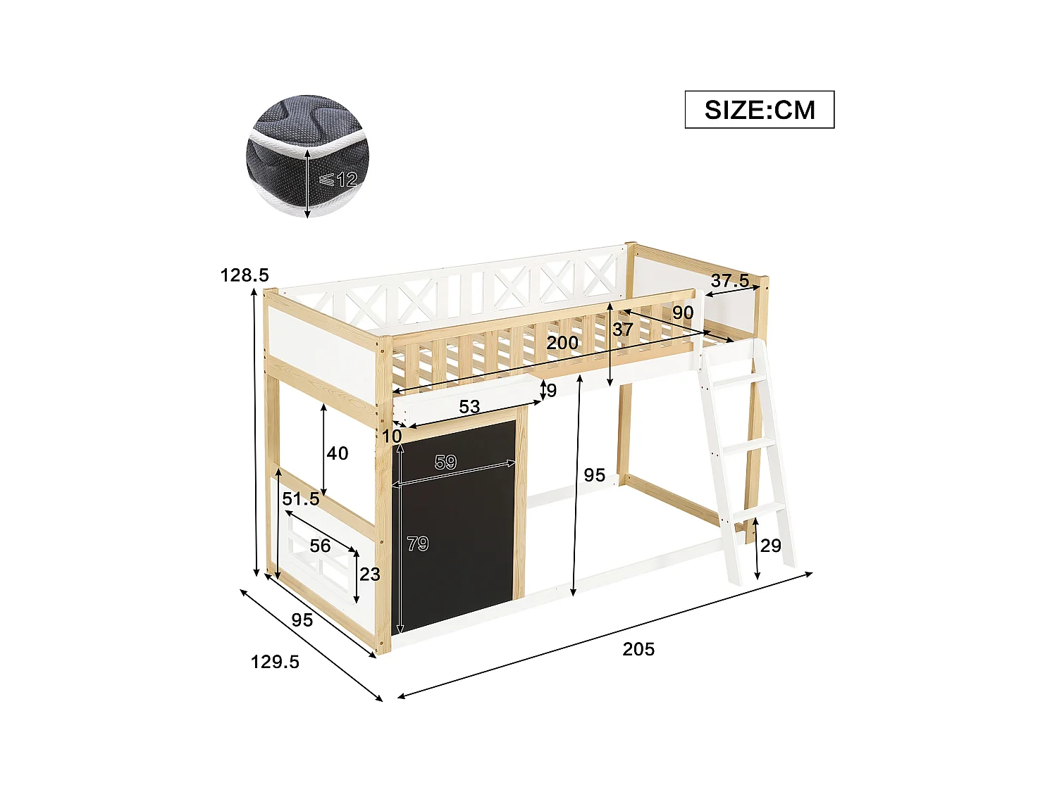 Lit mezzanine enfant - 90 x 200 cm - avec tableau pour peindre + barrière de sécuritét - pin + MDF - blanc + naturel