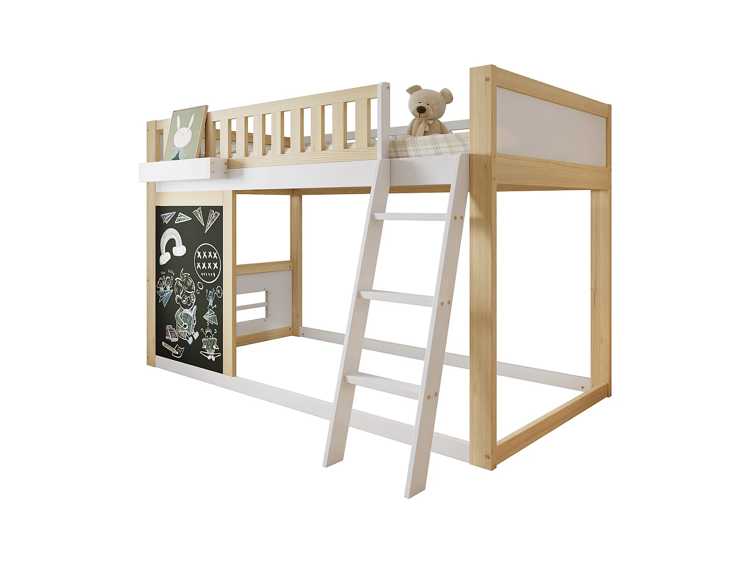 Lit mezzanine enfant - 90 x 200 cm - avec tableau pour peindre + barrière de sécuritét - pin + MDF - blanc + naturel