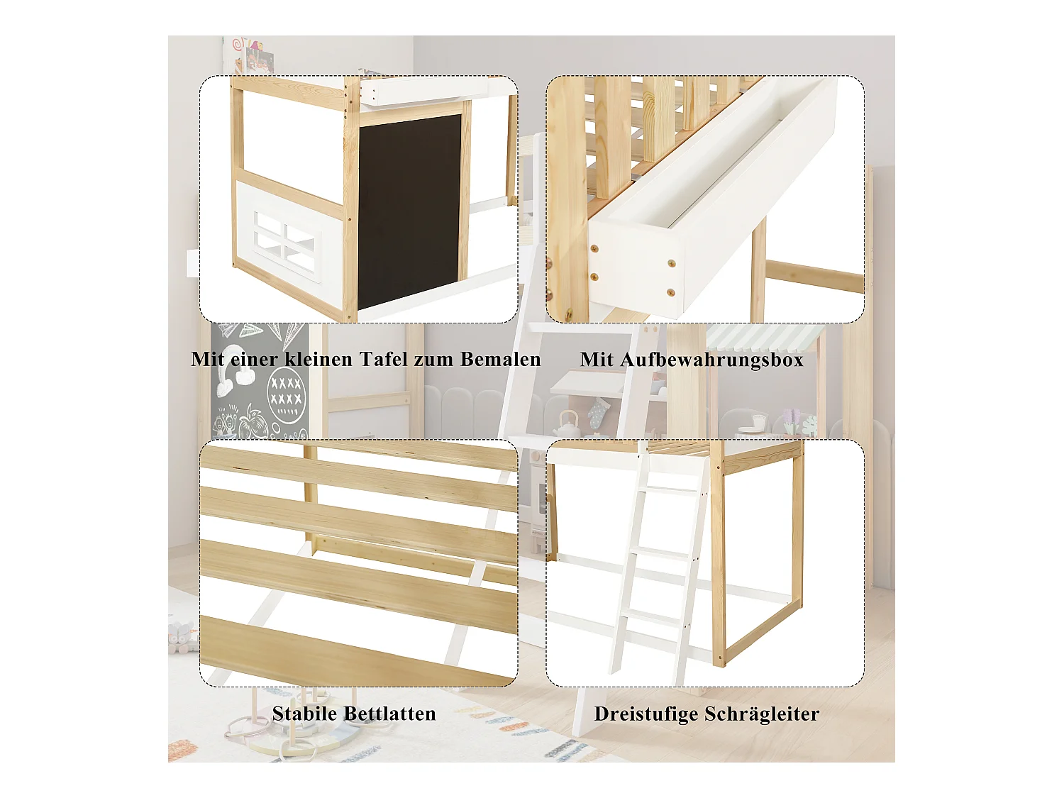 Kinderhochbett - 90 x 200 cm - mit Maltafel + Rausfallschutz - Kiefer + MDF - weiß + natur