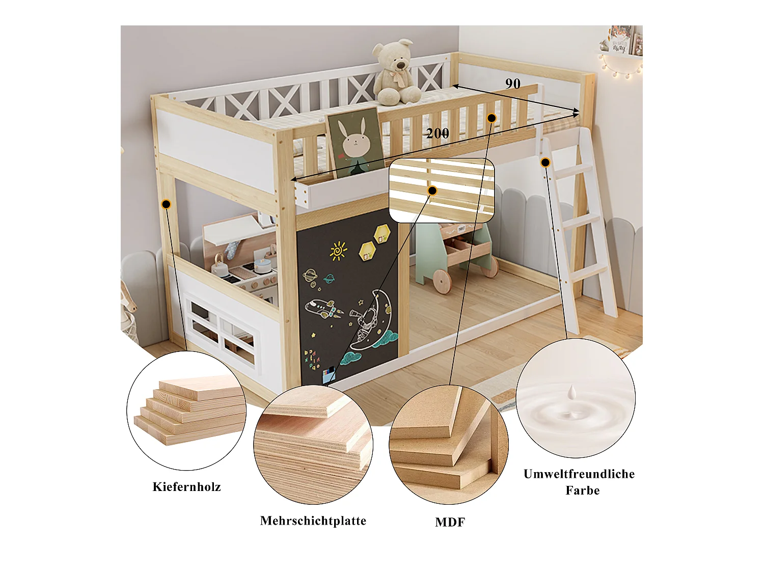 Kinderhochbett - 90 x 200 cm - mit Maltafel + Rausfallschutz - Kiefer + MDF - weiß + natur