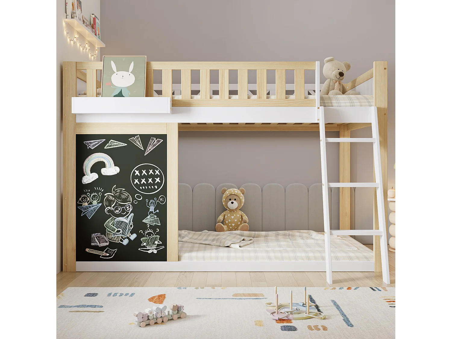 Cama alta infantil - 90 x 200 cm - com quadro de pintura + barreira de segurança - pinho + MDF - branco + natural