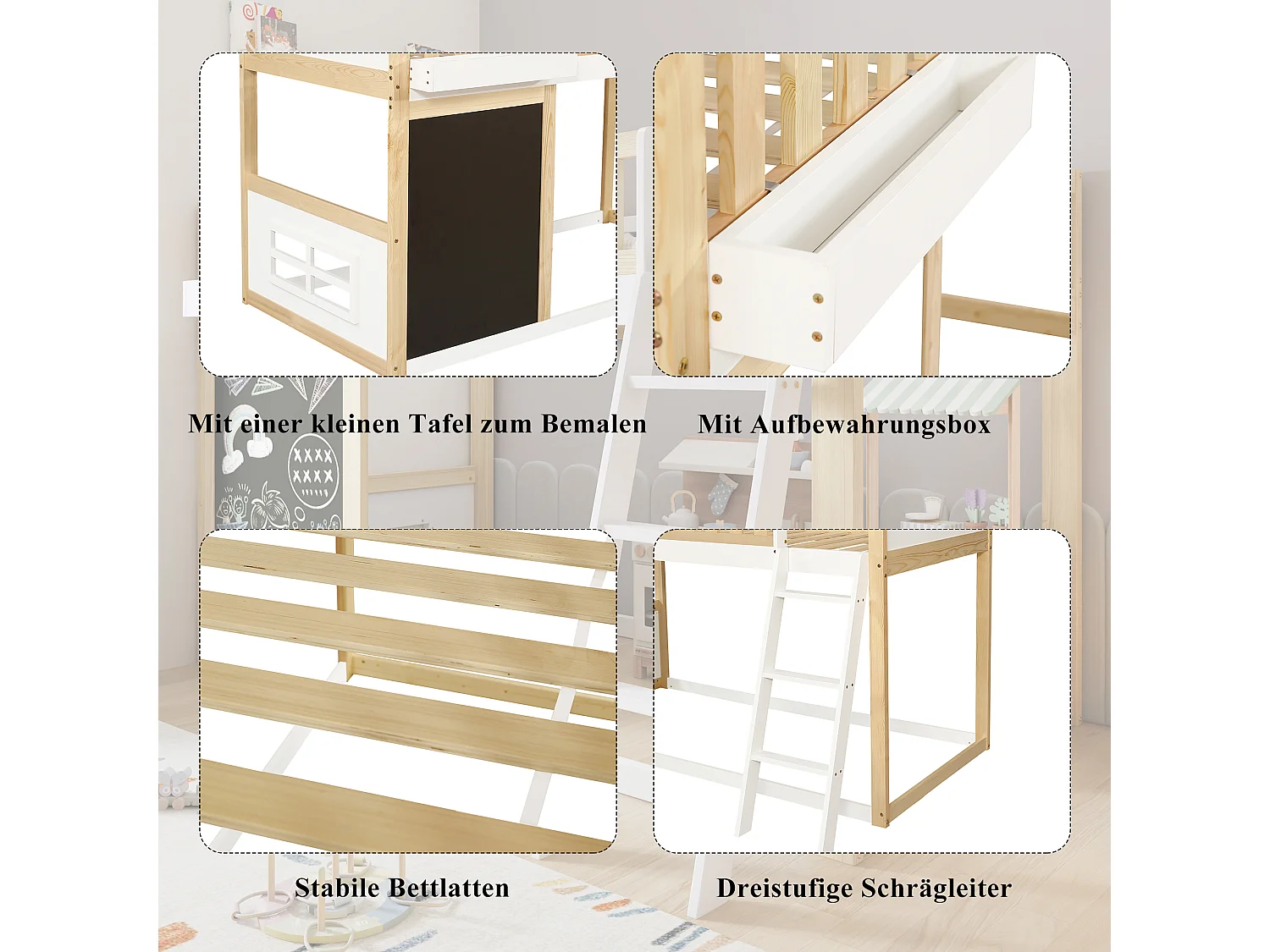 Cama alta infantil - 90 x 200 cm - com quadro de pintura + barreira de segurança - pinho + MDF - branco + natural