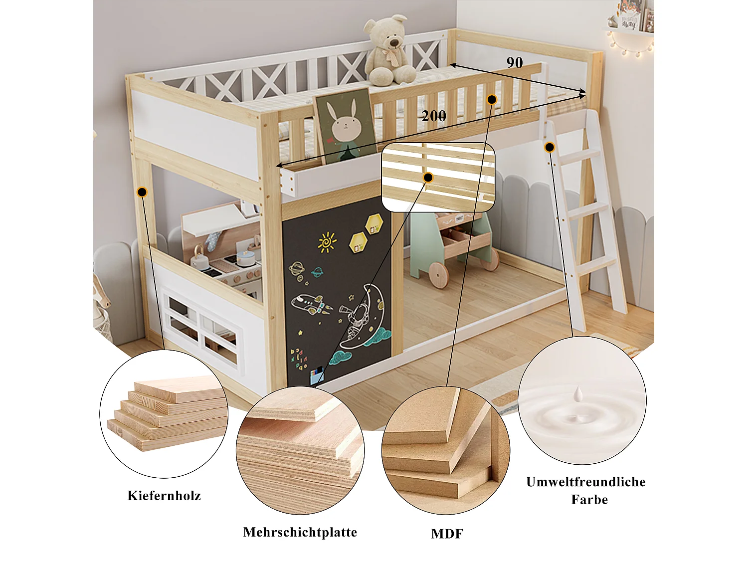 Cama alta infantil - 90 x 200 cm - com quadro de pintura + barreira de segurança - pinho + MDF - branco + natural