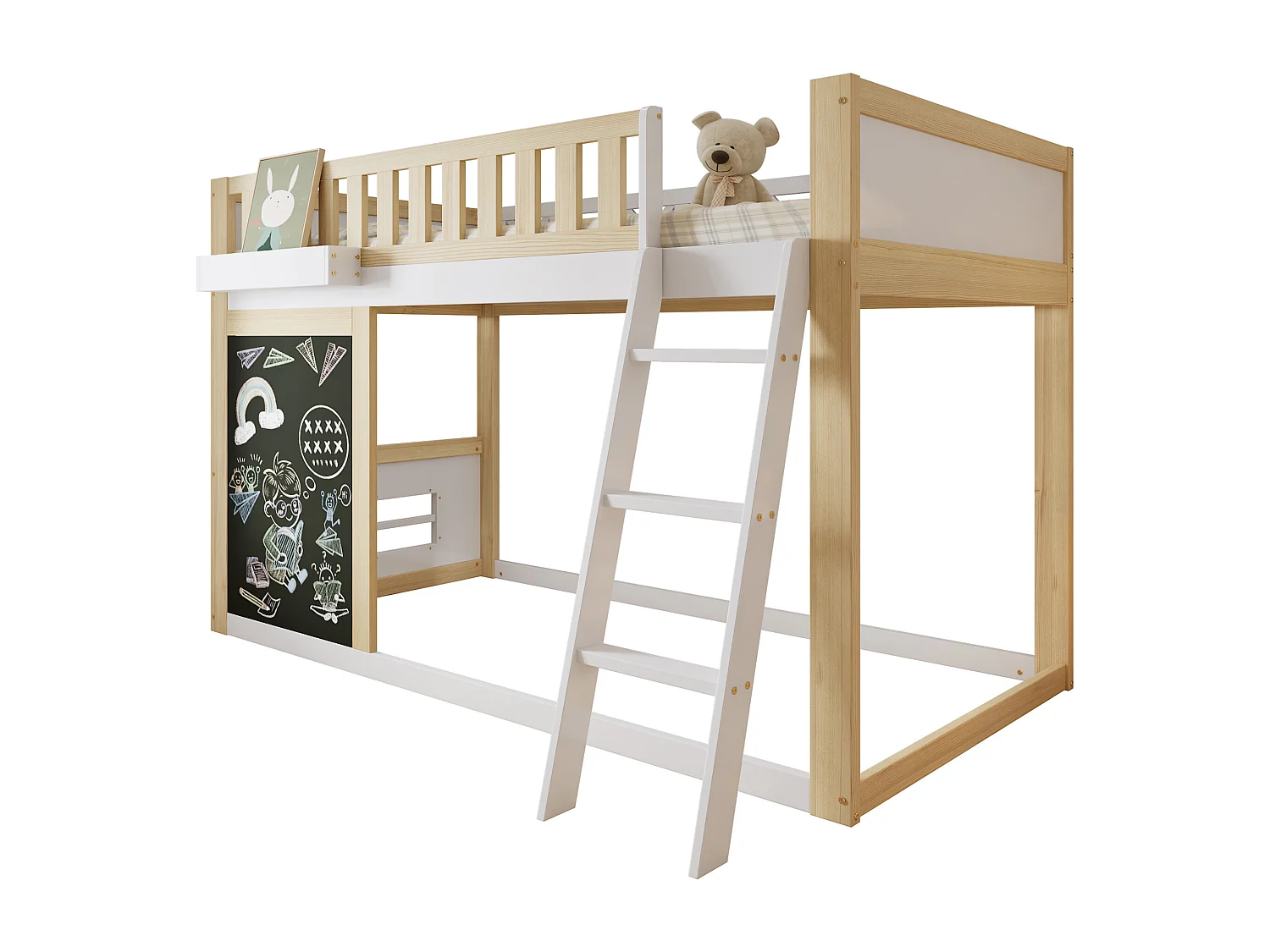 Cama alta infantil - 90 x 200 cm - com quadro de pintura + barreira de segurança - pinho + MDF - branco + natural