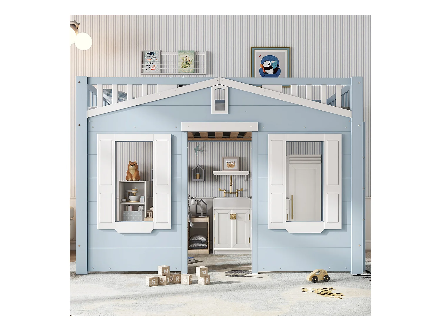 Lit mezzanine enfant - 90 x 200 cm - belle conception de fenêtre + échelle stable - pin + MDF + contreplaqué - bleu