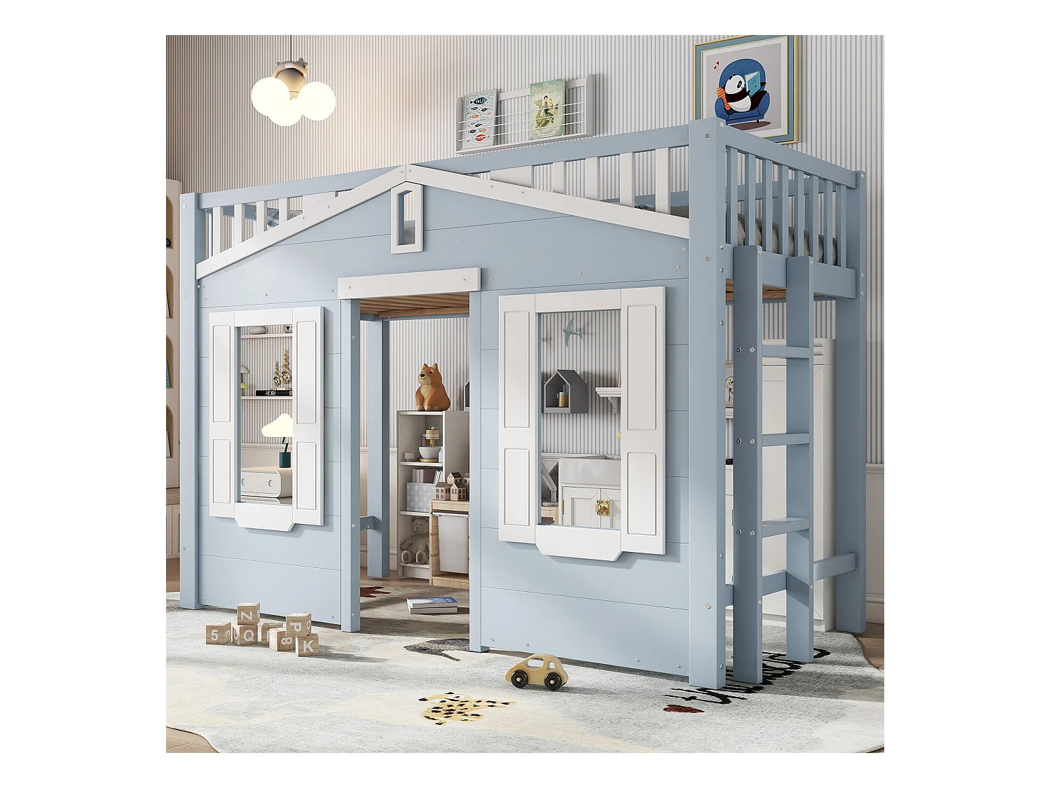 Kinderhochbett - 90 x 200 cm - schönes Fensterdesign + stabile Leiter - Kiefer + MDF + Sperrholz - blau