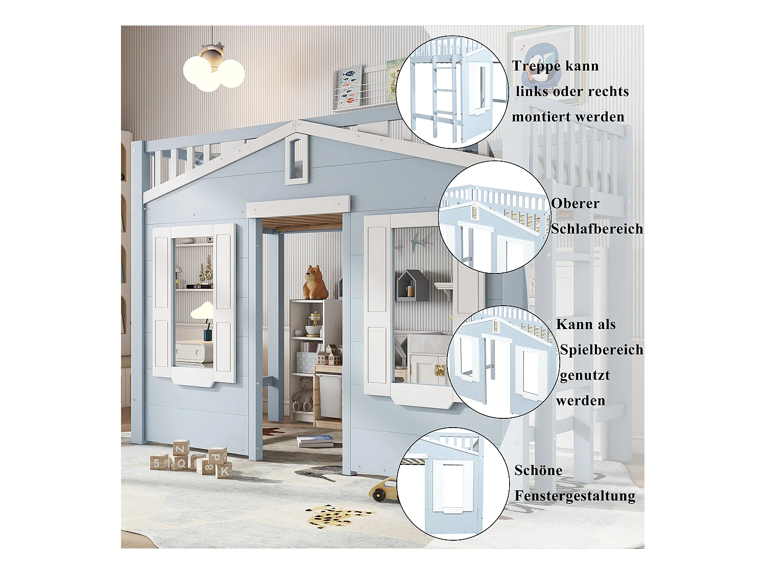 Kinderhochbett - 90 x 200 cm - schönes Fensterdesign + stabile Leiter - Kiefer + MDF + Sperrholz - blau
