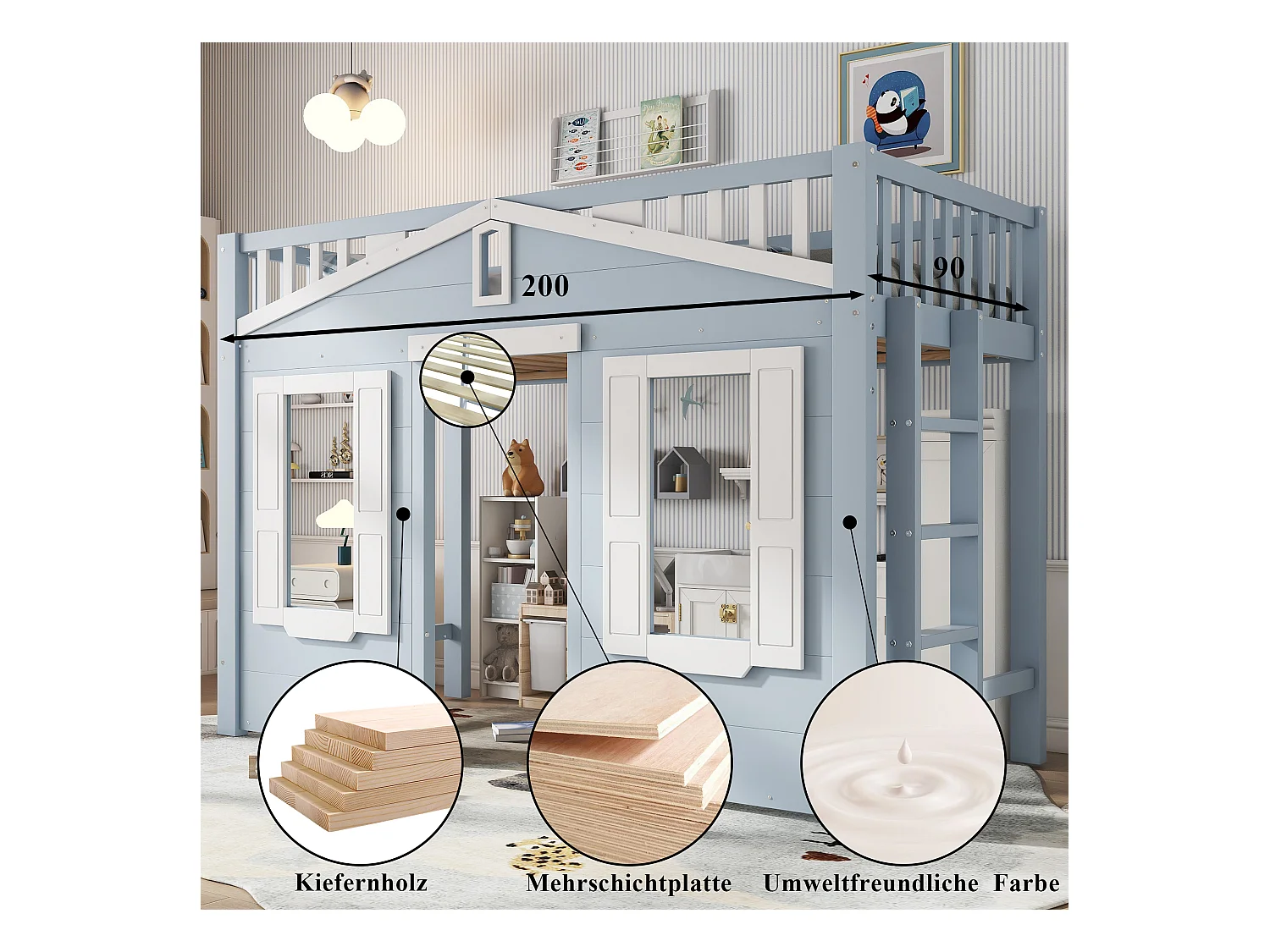 Kinderhochbett - 90 x 200 cm - schönes Fensterdesign + stabile Leiter - Kiefer + MDF + Sperrholz - blau