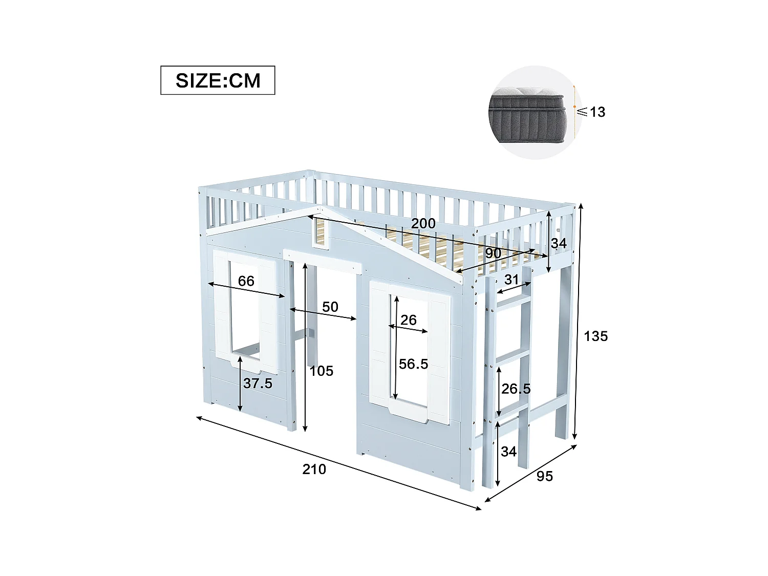 Kinderhochbett - 90 x 200 cm - schönes Fensterdesign + stabile Leiter - Kiefer + MDF + Sperrholz - blau