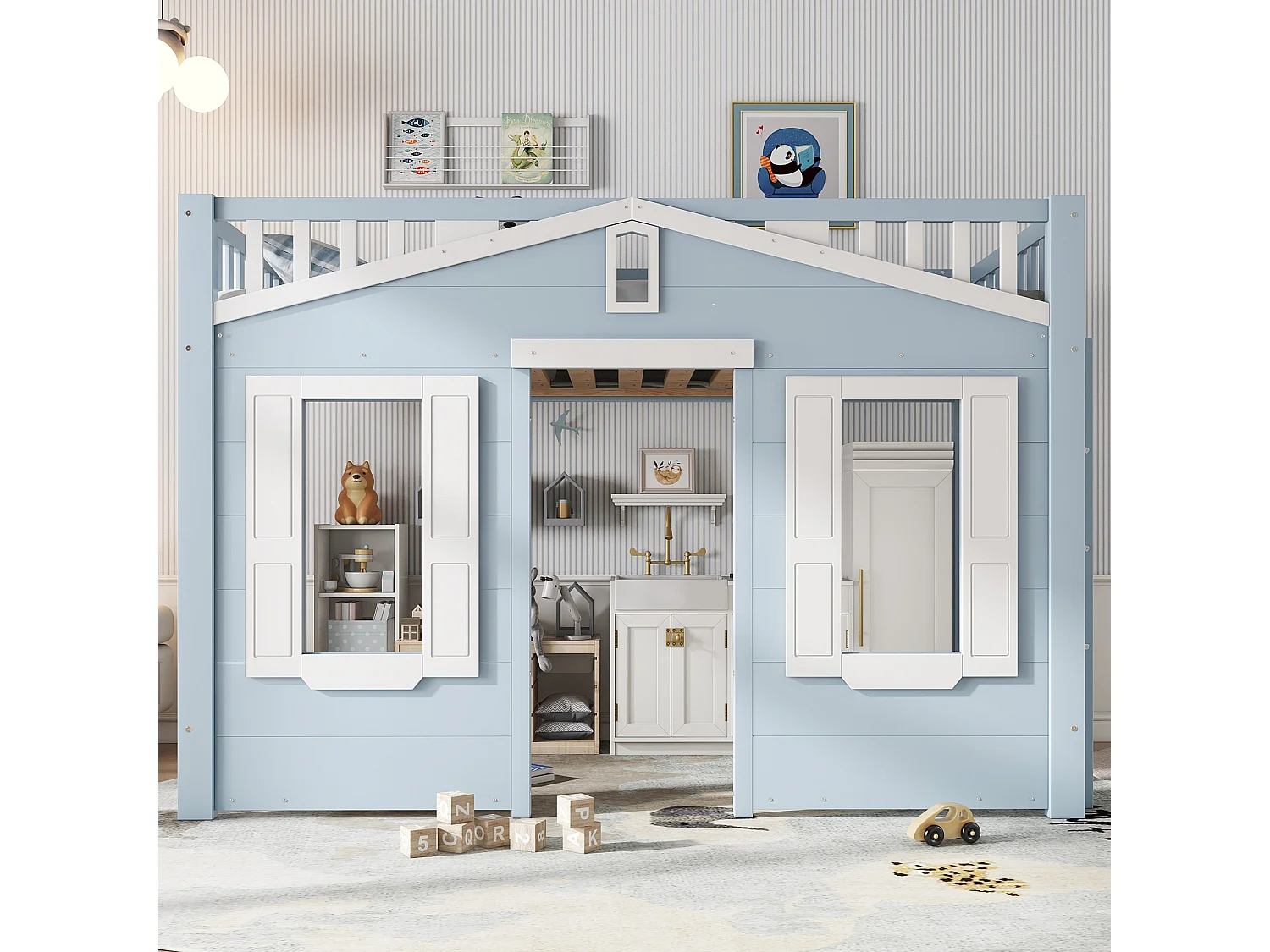 Lit mezzanine enfant - 90 x 200 cm - belle conception de fenêtre + échelle stable - pin + MDF + contreplaqué - bleu