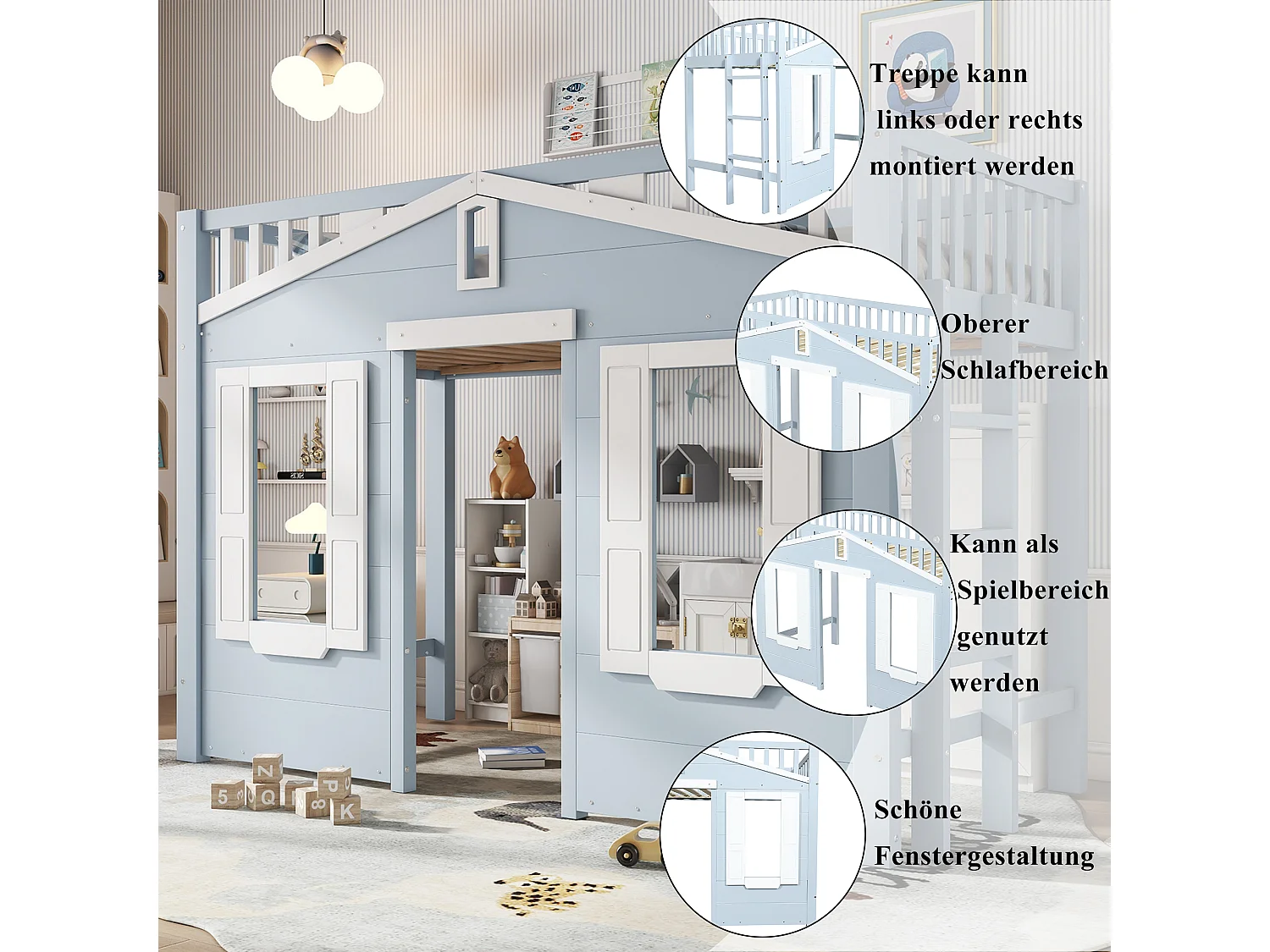 Lit mezzanine enfant - 90 x 200 cm - belle conception de fenêtre + échelle stable - pin + MDF + contreplaqué - bleu