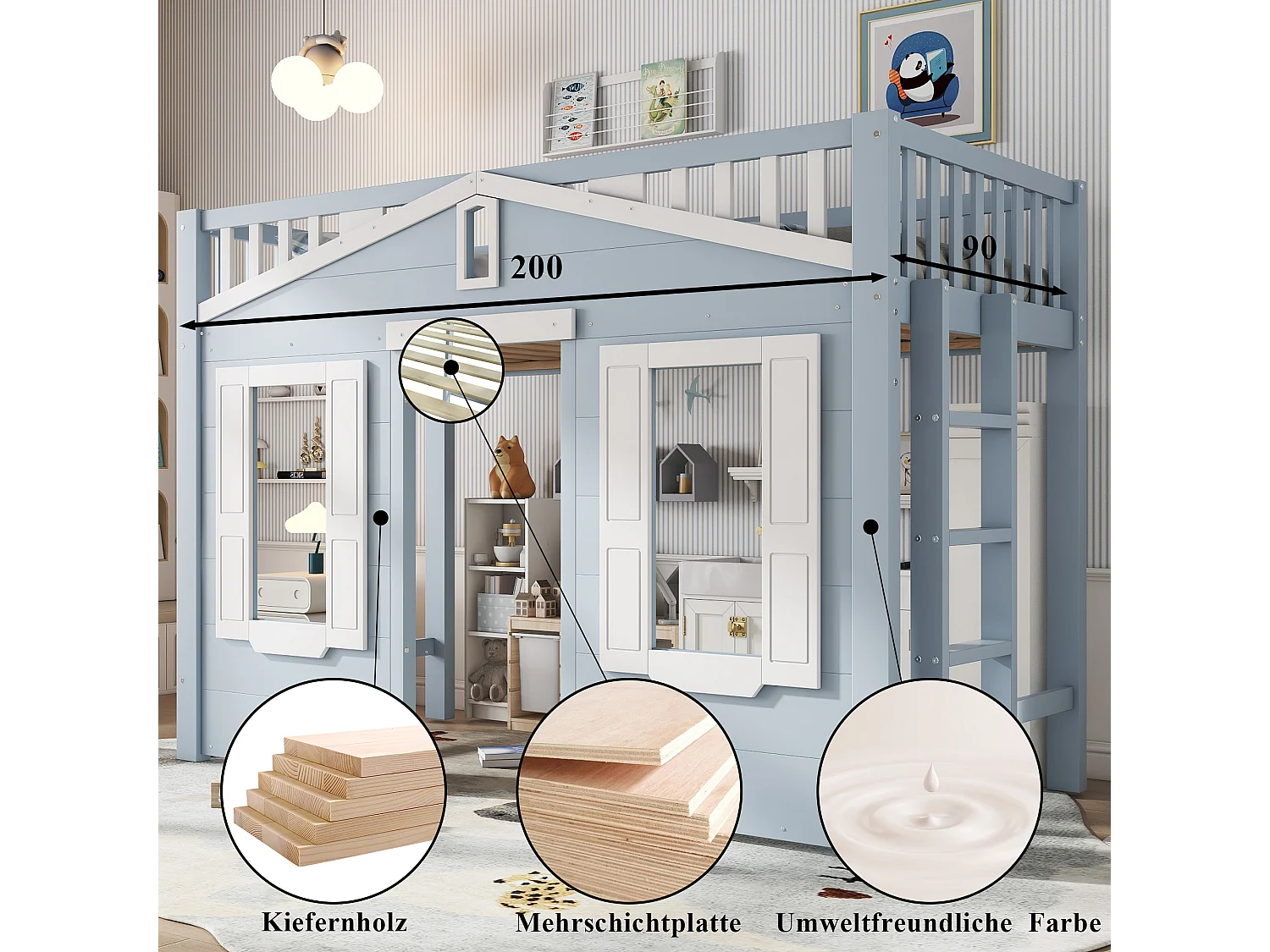 Lit mezzanine enfant - 90 x 200 cm - belle conception de fenêtre + échelle stable - pin + MDF + contreplaqué - bleu