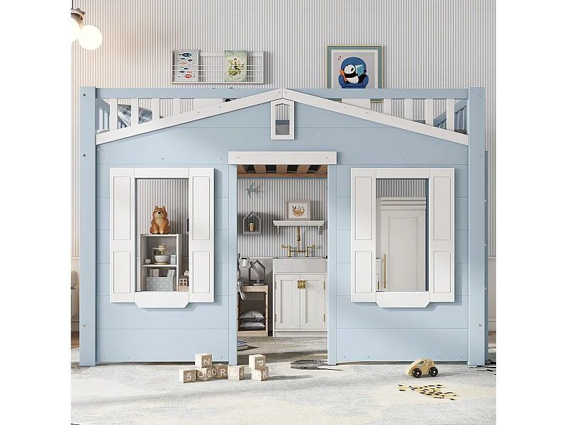 Lit mezzanine enfant - 90 x 200 cm - belle conception de fenêtre + échelle stable - pin + MDF + contreplaqué - bleu