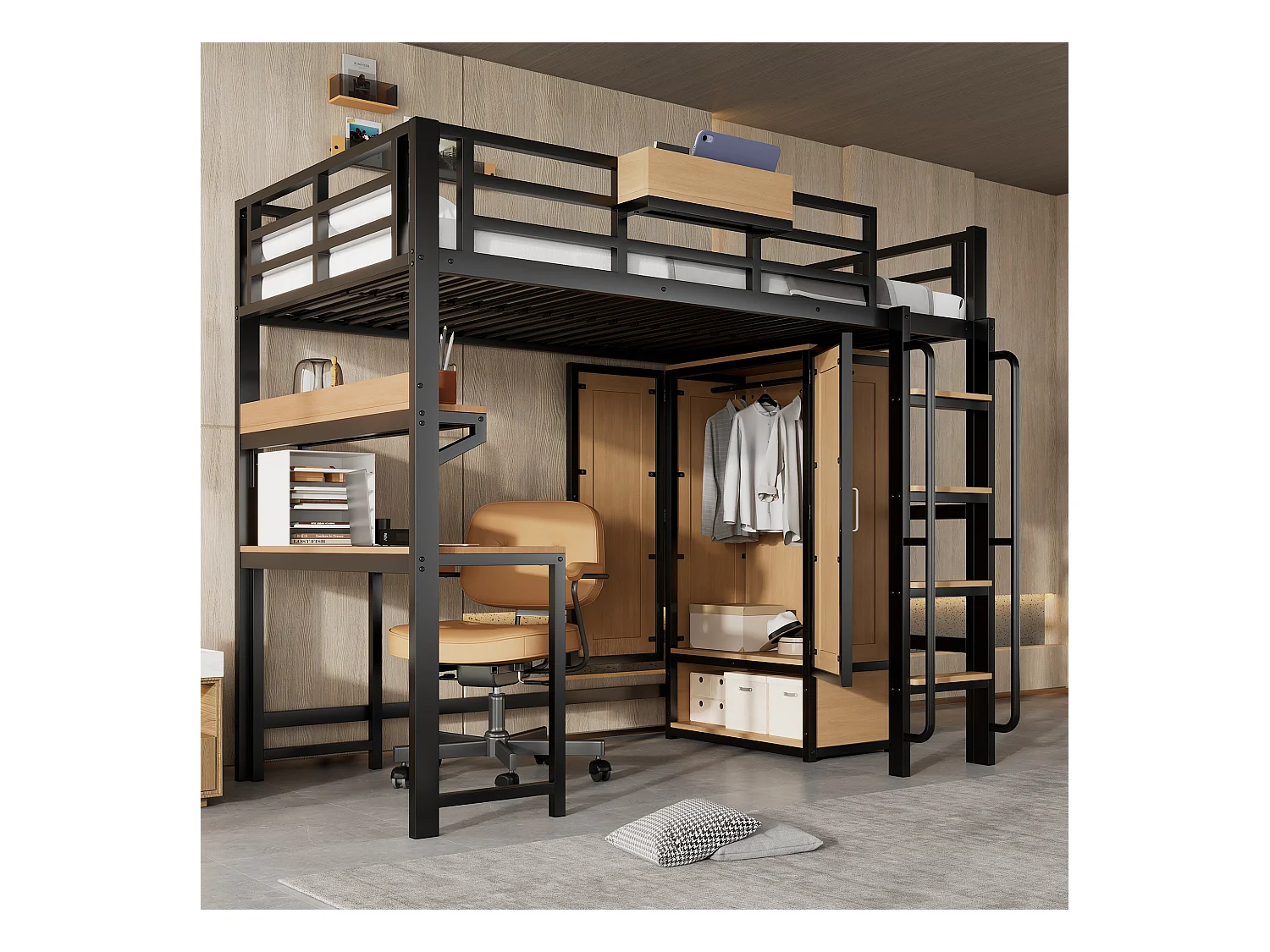 Lit mezzanine en fer - 90 x 200 cm - avec armoire + escalier + bureau et étagère de rangement - fer + MDF - noir + naturel