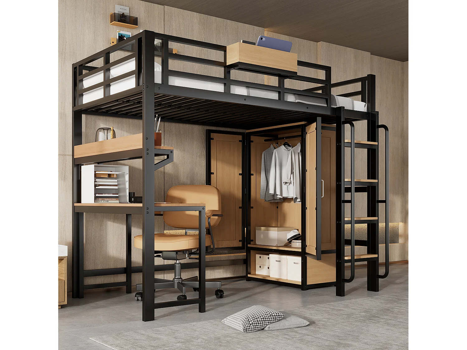 Lit mezzanine en fer - 90 x 200 cm - avec armoire + escalier + bureau et étagère de rangement - fer + MDF - noir + naturel