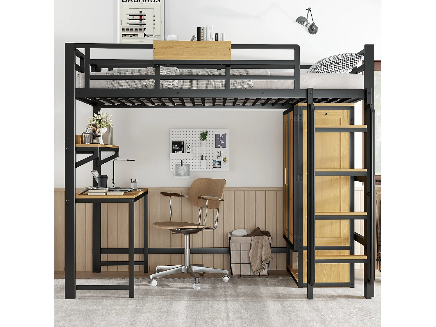 Lit mezzanine en fer - 90 x 200 cm - avec armoire + escalier + bureau et étagère de rangement - fer + MDF - noir + naturel