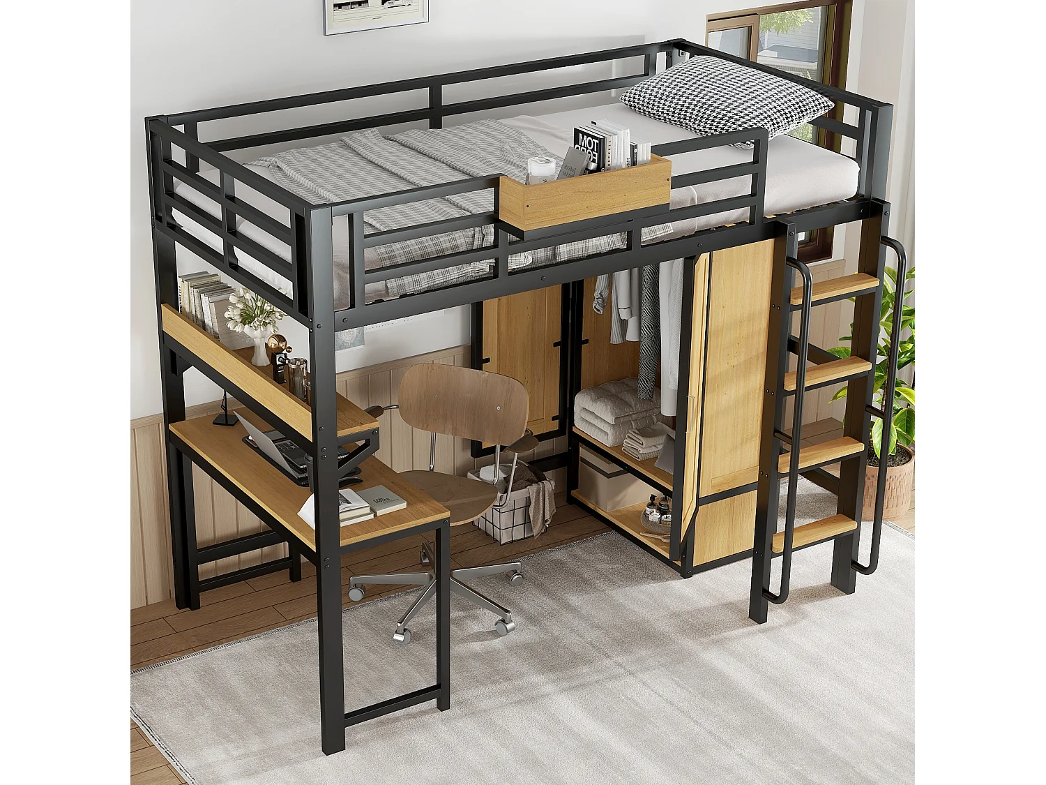 Lit mezzanine en fer - 90 x 200 cm - avec armoire + escalier + bureau et étagère de rangement - fer + MDF - noir + naturel