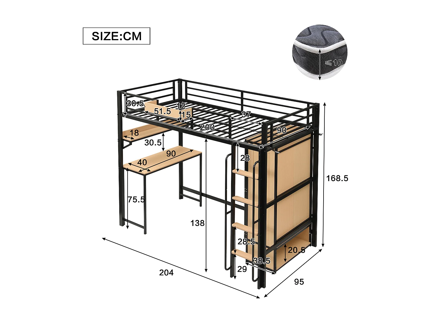 Lit mezzanine en fer - 90 x 200 cm - avec armoire + escalier + bureau et étagère de rangement - fer + MDF - noir + naturel