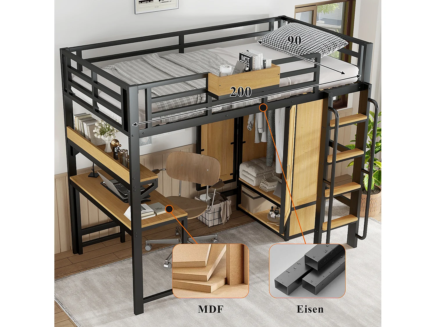 Lit mezzanine en fer - 90 x 200 cm - avec armoire + escalier + bureau et étagère de rangement - fer + MDF - noir + naturel
