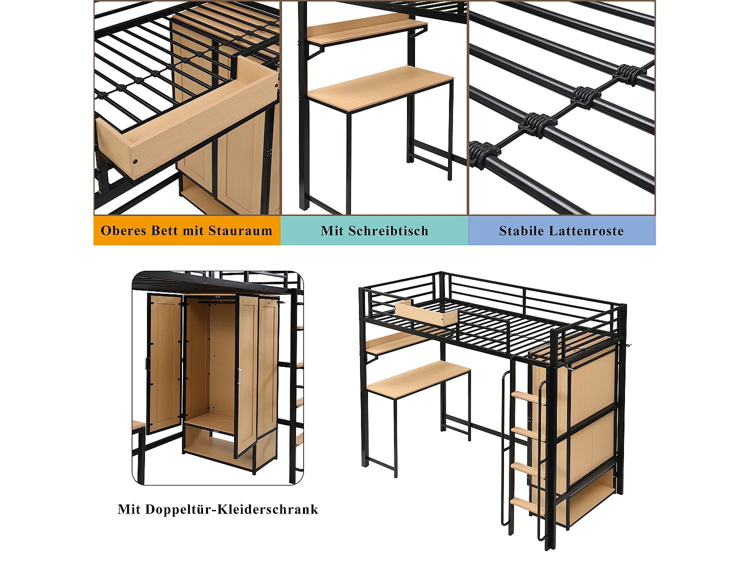 Lit mezzanine en fer - 90 x 200 cm - avec armoire + escalier + bureau et étagère de rangement - fer + MDF - noir + naturel