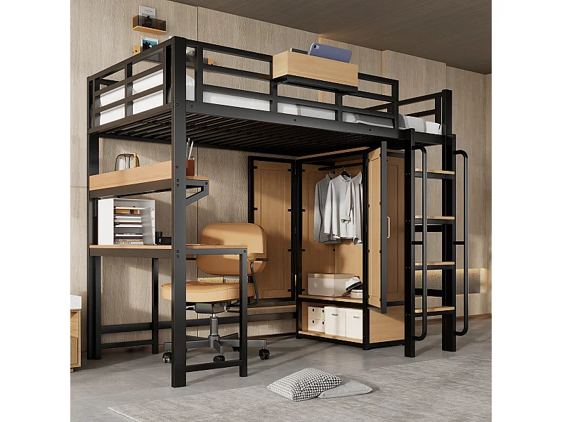 Lit mezzanine en fer - 90 x 200 cm - avec armoire + escalier + bureau et étagère de rangement - fer + MDF - noir + naturel