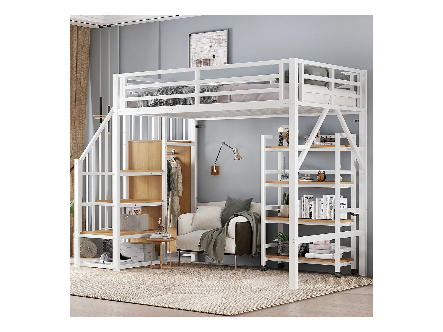 Łóżko piętrowe z żelaza - 90 x 200 cm - z półką do przechowywania + szafa narożna - żelazo + płyta MDF - białe + naturalne