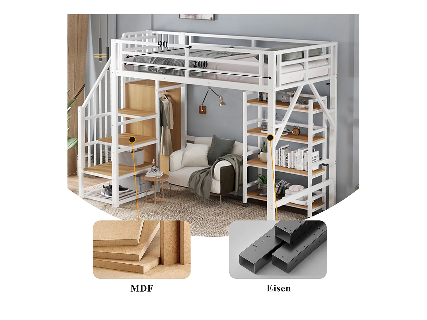 Łóżko piętrowe z żelaza - 90 x 200 cm - z półką do przechowywania + szafa narożna - żelazo + płyta MDF - białe + naturalne